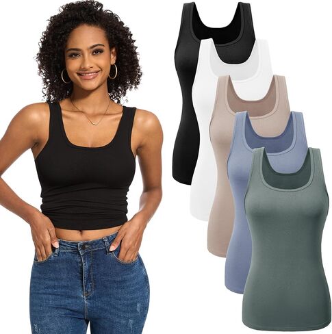 TVKSOM 5 Pack Basic Tank Tops for Women Undershirt Ribbed Sleeveless Casual Basic Tanks Top in Kuwait