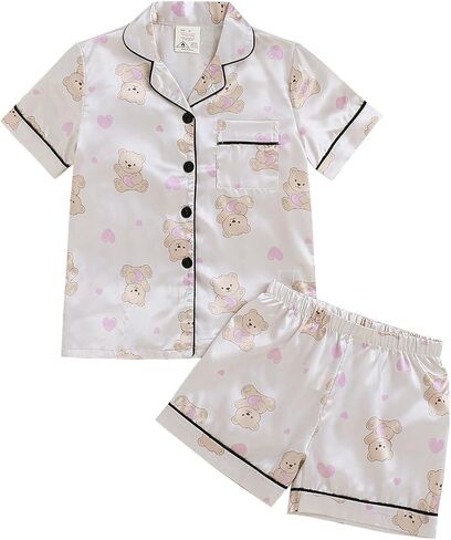 MyFav Girls Pajama Set Short Sleeve Button Down Silky Satin Girls PJS Kids Sleepwear Summer Nightwear Loungewear Set in Saudi Arabia