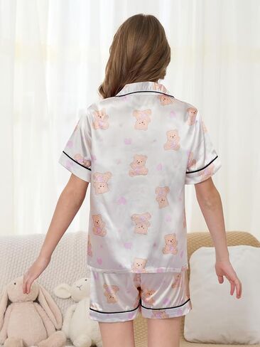 MyFav Girls Pajama Set Short Sleeve Button Down Silky Satin Girls PJS Kids Sleepwear Summer Nightwear Loungewear Set in Saudi Arabia