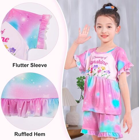 MHJY Girls Pajama Sets Ruffled Sleepwear Casual Sleeping Clothing 2pcs Flutter Sleeve Top and Shorts in Saudi Arabia