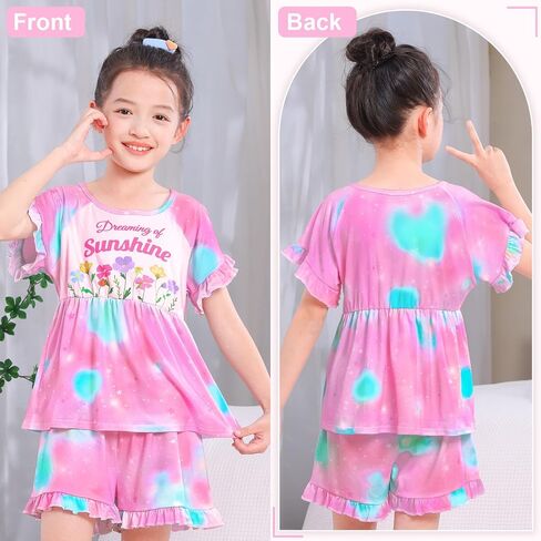 MHJY Girls Pajama Sets Ruffled Sleepwear Casual Sleeping Clothing 2pcs Flutter Sleeve Top and Shorts in Saudi Arabia
