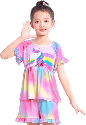 MHJY Girls Pajama Sets Ruffled Sleepwear Casual Sleeping Clothing 2pcs Flutter Sleeve Top and Shorts in Kuwait