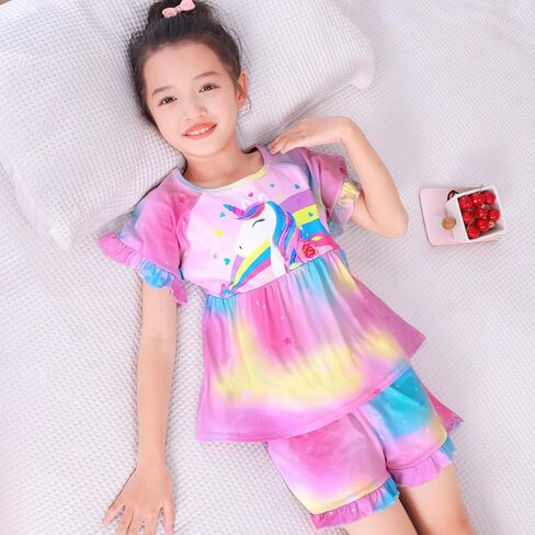 MHJY Girls Pajama Sets Ruffled Sleepwear Casual Sleeping Clothing 2pcs Flutter Sleeve Top and Shorts in Kuwait
