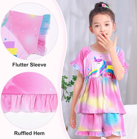MHJY Girls Pajama Sets Ruffled Sleepwear Casual Sleeping Clothing 2pcs Flutter Sleeve Top and Shorts in Kuwait
