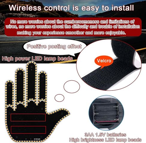 Finger Gesture Light, Funny Led Hand Sign with Remote,with Multiple Light and Pattern Modes, Easy to Use, Ideal for Car, Truck Gifts (One Color Round 8 Modes（1Pcs）) in Kuwait