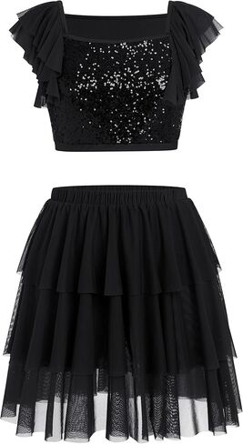 Odasdo Women Lyrical Dance Costumes Sequin Tank Crive Top + Mesh Tulle Leotard Skirt Skirt two two اثنين in Saudi Arabia