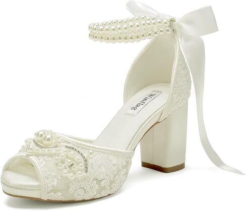 Lace Pearl Wedding Shoes for Bride High Heel Bridal Shoes Peep Toe Platform Wedding Heels in Kuwait