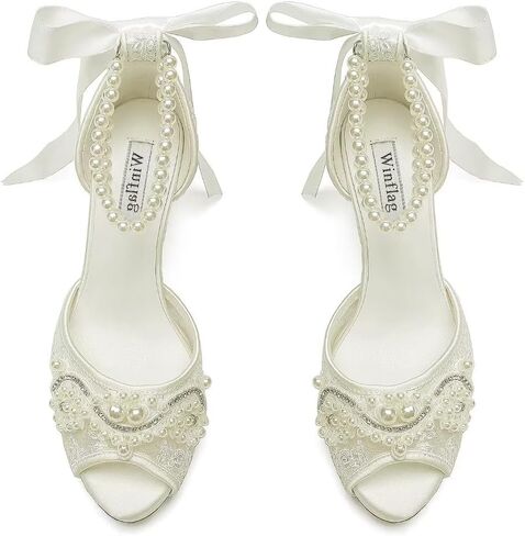 Lace Pearl Wedding Shoes for Bride High Heel Bridal Shoes Peep Toe Platform Wedding Heels in Kuwait