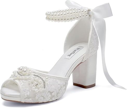 Lace Pearl Wedding Shoes for Bride High Heel Bridal Shoes Peep Toe Platform Wedding Heels in Kuwait