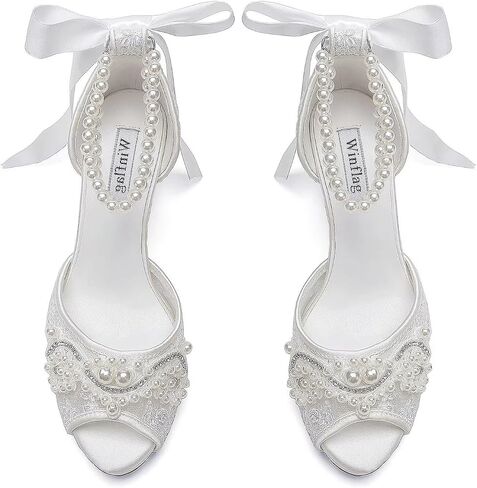Lace Pearl Wedding Shoes for Bride High Heel Bridal Shoes Peep Toe Platform Wedding Heels in Kuwait