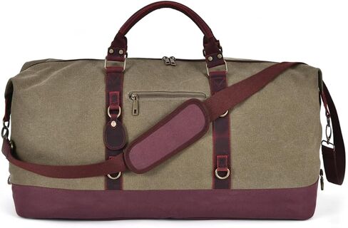 Khaki Canvas & Genuine Leather Duffle Bag for Men, Mens Travel Bag, Vintage Carry On Bag, Luggage Bag with Shoes Bag & Adjustable Strap, Overnight Bag Weekender in Kuwait