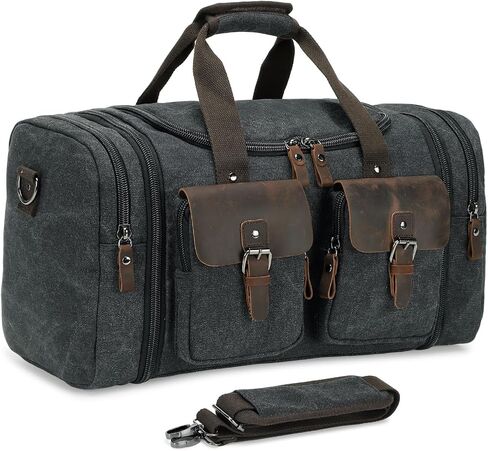 Canvas Duffle Bag with Genuine Leather Accents, Expandable 20-23 Inch Travel Weekender, Multiple Pockets, Black in Kuwait