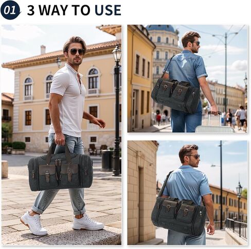 Canvas Duffle Bag with Genuine Leather Accents, Expandable 20-23 Inch Travel Weekender, Multiple Pockets, Black in Kuwait