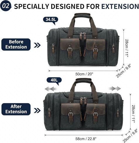 Canvas Duffle Bag with Genuine Leather Accents, Expandable 20-23 Inch Travel Weekender, Multiple Pockets, Black in Kuwait