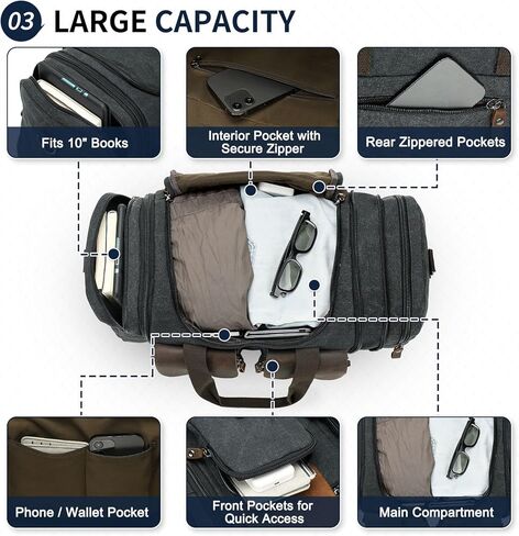 Canvas Duffle Bag with Genuine Leather Accents, Expandable 20-23 Inch Travel Weekender, Multiple Pockets, Black in Kuwait