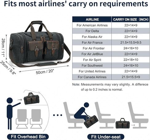 Canvas Duffle Bag with Genuine Leather Accents, Expandable 20-23 Inch Travel Weekender, Multiple Pockets, Black in Kuwait