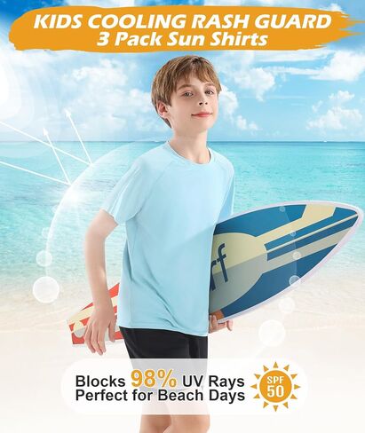 Boys Swim Shirt UPF 50+ Kids Rash Guard Short Sleeve 3 Pack Youth Sun UV Protection SPF Water Fishing Top Shirts 5-18Y in Saudi Arabia