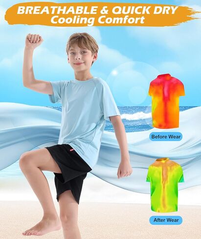 Boys Swim Shirt UPF 50+ Kids Rash Guard Short Sleeve 3 Pack Youth Sun UV Protection SPF Water Fishing Top Shirts 5-18Y in Saudi Arabia
