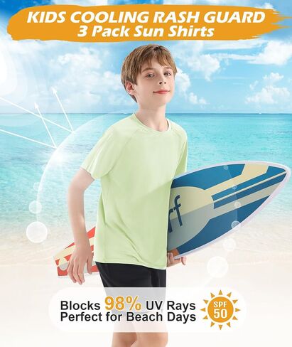 Boys Swim Shirt UPF 50+ Kids Rash Guard Short Sleeve 3 Pack Youth Sun UV Protection SPF Water Fishing Top Shirts 5-18Y in Saudi Arabia
