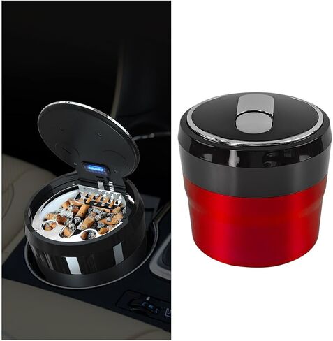 Car Ashtray with Lid, Portable Mini Vehicle Smokeless Smoking Cylinder Cup Holder Ash Tray, Detachable Cigarette Trash Can with LED Blue Light, Universal Automotive Accessories(Black) in Kuwait