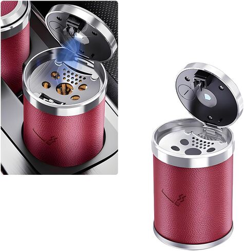Car Ashtray with Lid, Leather Portable Detachable Ashtray with LED Blue Light, Mini Stainless Steel Smokeless Car Trash Can, Universal Interior Accessories for Most Cars (Black) in Saudi Arabia