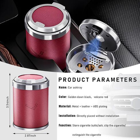 Car Ashtray with Lid, Leather Portable Detachable Ashtray with LED Blue Light, Mini Stainless Steel Smokeless Car Trash Can, Universal Interior Accessories for Most Cars (Black) in Saudi Arabia