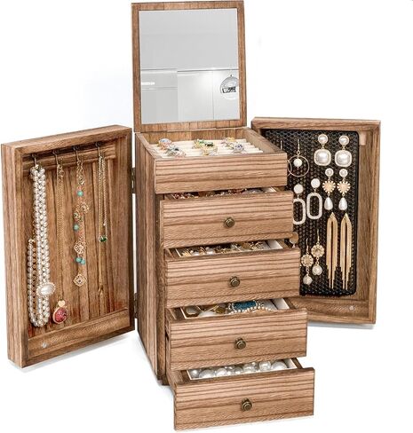 Meangood Jewelry Box Wood for Women, 5-Layer Large Organizer Box with Mirror & 4 Drawers for Rings, Earrings, Necklaces, Vintage Style, Torched Wood in Kuwait