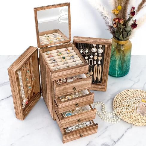 Meangood Jewelry Box Wood for Women, 5-Layer Large Organizer Box with Mirror & 4 Drawers for Rings, Earrings, Necklaces, Vintage Style, Torched Wood in Kuwait