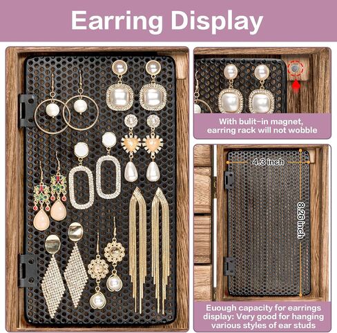 Meangood Jewelry Box Wood for Women, 5-Layer Large Organizer Box with Mirror & 4 Drawers for Rings, Earrings, Necklaces, Vintage Style, Torched Wood in Kuwait