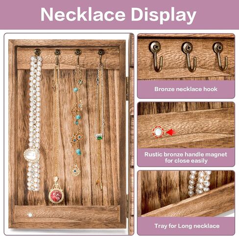 Meangood Jewelry Box Wood for Women, 5-Layer Large Organizer Box with Mirror & 4 Drawers for Rings, Earrings, Necklaces, Vintage Style, Torched Wood in Kuwait