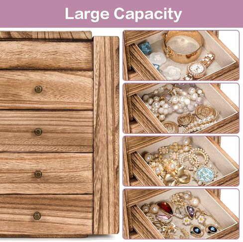 Meangood Jewelry Box Wood for Women, 5-Layer Large Organizer Box with Mirror & 4 Drawers for Rings, Earrings, Necklaces, Vintage Style, Torched Wood in Kuwait