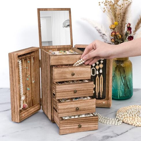 Meangood Jewelry Box Wood for Women, 5-Layer Large Organizer Box with Mirror & 4 Drawers for Rings, Earrings, Necklaces, Vintage Style, Torched Wood in Kuwait