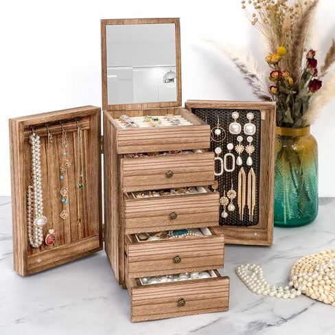 Meangood Jewelry Box Wood for Women, 5-Layer Large Organizer Box with Mirror & 4 Drawers for Rings, Earrings, Necklaces, Vintage Style, Torched Wood in Kuwait