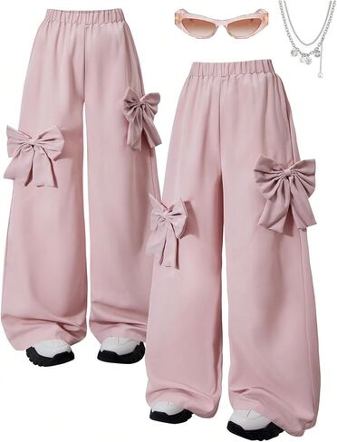 Girl's Y2k Bowknot Track Pants Elastic Waist Baggy Straight Wide Leg Baggy Trousers Sports Wear in Kuwait