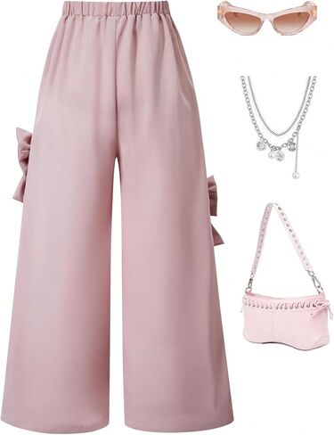 Girl's Y2k Bowknot Track Pants Elastic Waist Baggy Straight Wide Leg Baggy Trousers Sports Wear in Kuwait