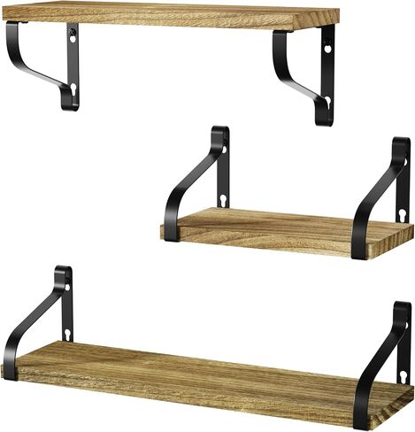 Love-KANKEI Floating Shelves Wall Mounted Set of 3, Rustic Wood Wall Storage Shelves for Bedroom, Living Room, Bathroom, Kitchen, Office and More Carbonized Black in Kuwait