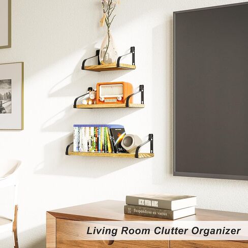 Love-KANKEI Floating Shelves Wall Mounted Set of 3, Rustic Wood Wall Storage Shelves for Bedroom, Living Room, Bathroom, Kitchen, Office and More Carbonized Black in Kuwait