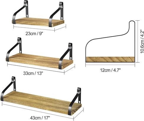 Love-KANKEI Floating Shelves Wall Mounted Set of 3, Rustic Wood Wall Storage Shelves for Bedroom, Living Room, Bathroom, Kitchen, Office and More Carbonized Black in Kuwait