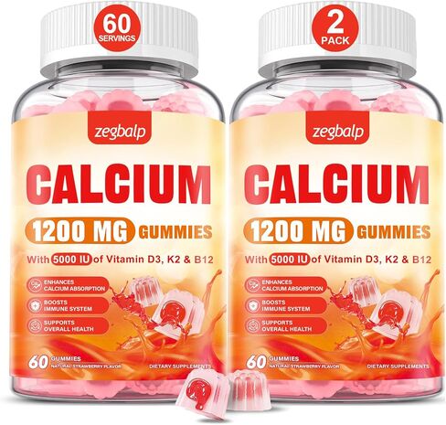 Calcium 1200 mg with Vitamin D3 Supplement for Adults - Calcium Gummies with Vitamin D3 5000IU, K2, B12 for Women Men - Extra Absorption Calcium Citrate - Natural Strawberry Flavor, 120 Gummies in Kuwait