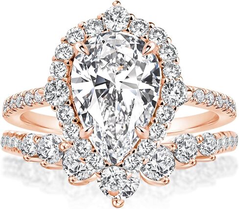 2.5Ct Halo Pear Cut Ring مجموعة خاتم الزفاف ، خاتم زواج الماس محاكاة CZ في الذهب الوردي المطلي 925 الفضة الاسترليني in Kuwait