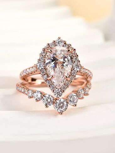 2.5Ct Halo Pear Cut Ring مجموعة خاتم الزفاف ، خاتم زواج الماس محاكاة CZ في الذهب الوردي المطلي 925 الفضة الاسترليني in Kuwait