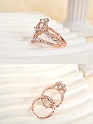 2.5Ct Halo Pear Cut Ring مجموعة خاتم الزفاف ، خاتم زواج الماس محاكاة CZ في الذهب الوردي المطلي 925 الفضة الاسترليني in Kuwait