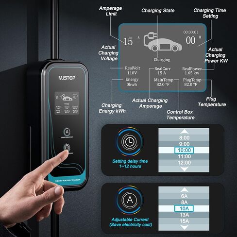 EV Charger Level 1 (15A /110V / NEMA 5-15 / 25ft),EVSE Adjustable Currents 6A-15A,IP65 Waterproof Home EV Charging Station, with LCD Screen and Timing Delay for All J1772 EVs in Saudi Arabia