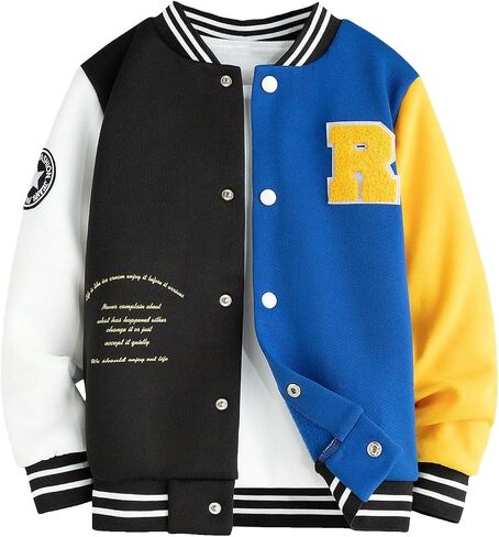WDIRARA Boy's Color Block Letter Graphic Print Button Front Varsity Bomber Jacket in Kuwait