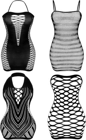 4pcs Women's Fishnet Lingerie Lace Fishnet Stockings Sheer Mesh Lingerie Sleeveless Stretch Skirt Bodysuit in Saudi Arabia