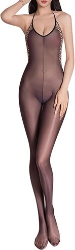 Bodystocking for Women Sexy Oil Shiny Bodystocking Nylon Leopard Print Halter Body Stocking in Saudi Arabia