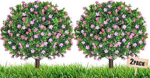Artificial Boxwood Topiary Ball with Lavender 25.5" Set of 2 Topiary Trees Plants Artificial Outdoor Indoor UV Resistance Fake Shrubs with Ground Spike Fake Bush for Front Door Porch Garden Deocr in Kuwait