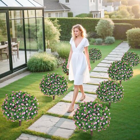 Artificial Boxwood Topiary Ball with Lavender 25.5" Set of 2 Topiary Trees Plants Artificial Outdoor Indoor UV Resistance Fake Shrubs with Ground Spike Fake Bush for Front Door Porch Garden Deocr in Kuwait