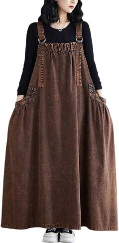 Boho Jumper Dress for Women Loose Overall Pinafore Dresses Adjustable Straps Wide Hemline with Pockets Baggy Style in Kuwait