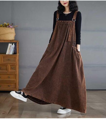 Boho Jumper Dress for Women Loose Overall Pinafore Dresses Adjustable Straps Wide Hemline with Pockets Baggy Style in Kuwait